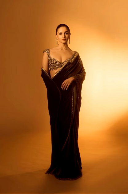 Alia Bhatt in our Olive Green Velvet Saree Set