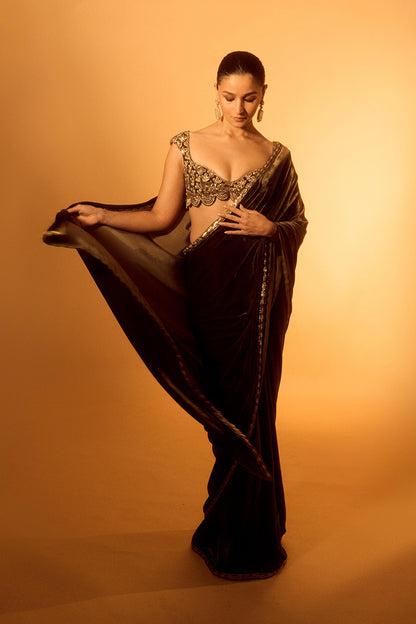 Alia Bhatt in our Olive Green Velvet Saree Set