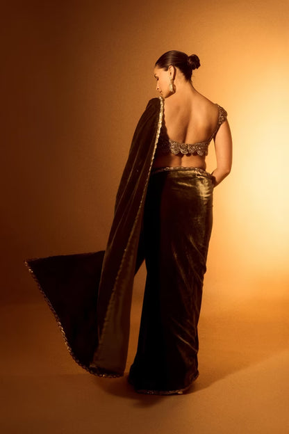 Alia Bhatt in our Olive Green Velvet Saree Set