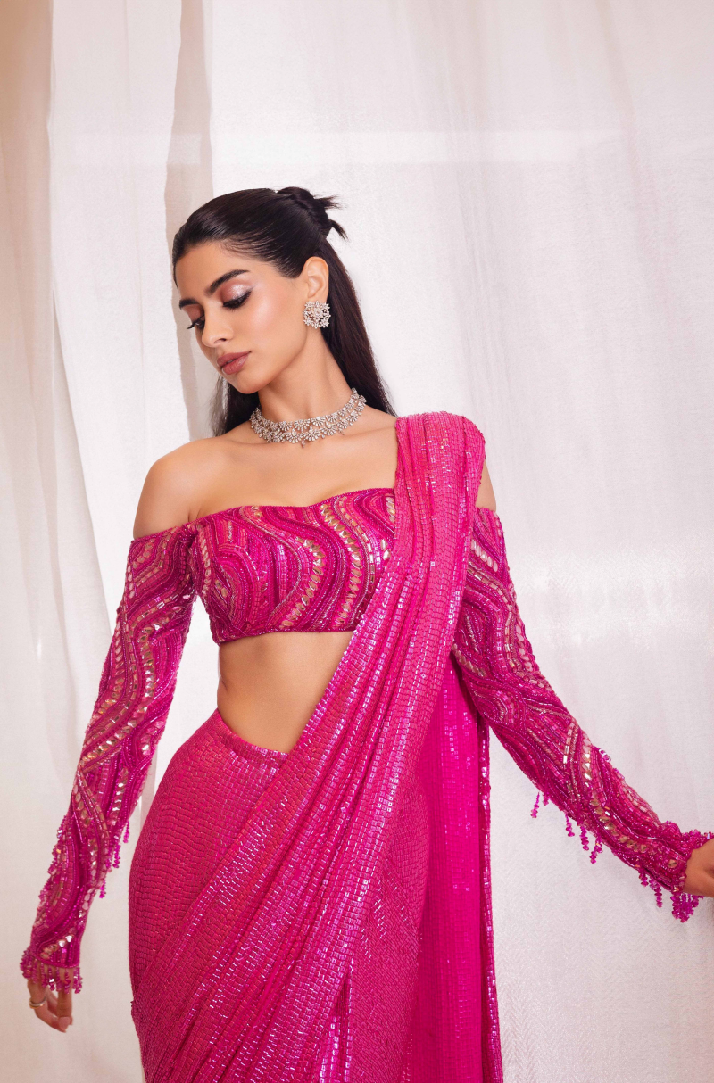Khushi Kapoor in our Fuchsia Pink Sequin Stitched Saree Set