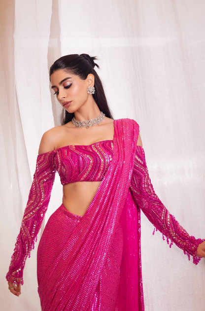 Khushi Kapoor in our Fuchsia Pink Sequin Stitched Saree Set