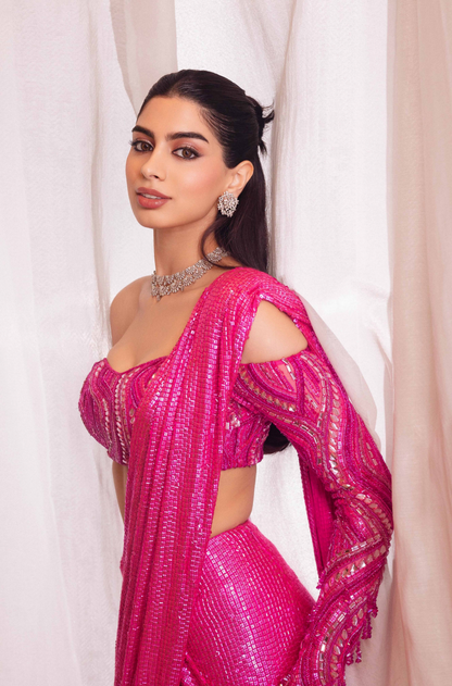 Khushi Kapoor in our Fuchsia Pink Sequin Stitched Saree Set