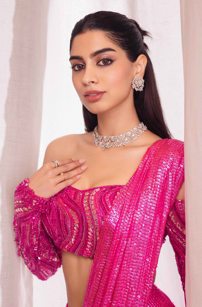 Khushi Kapoor in our Fuchsia Pink Sequin Stitched Saree Set
