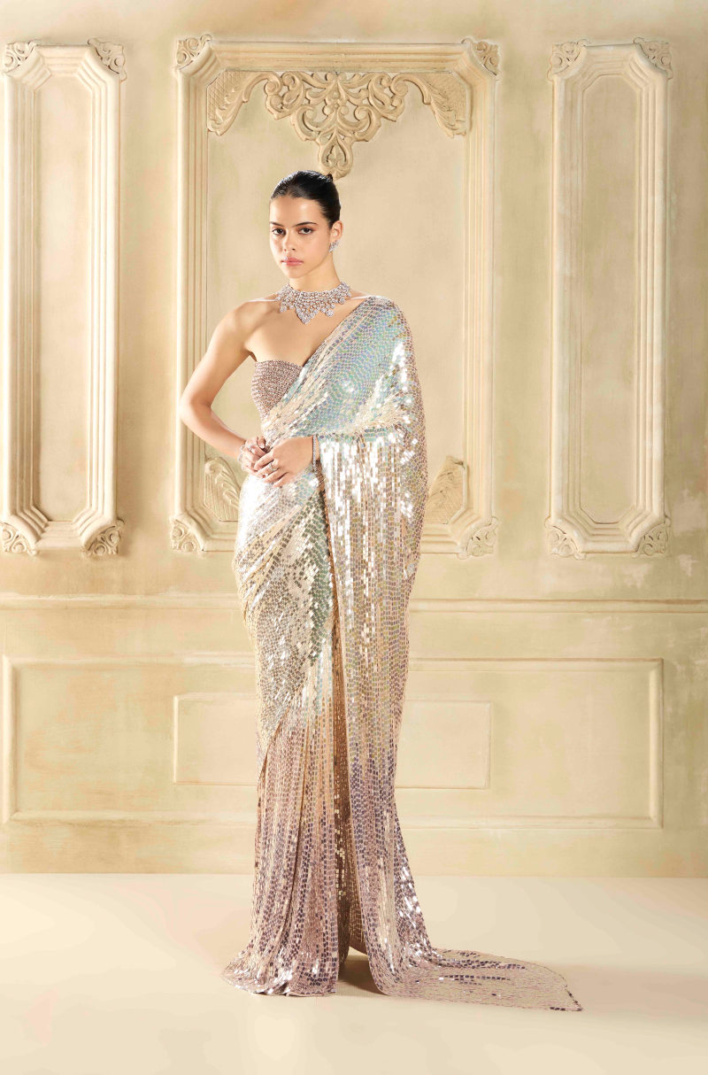 Silver Shaded Sequin Georgette Saree Set