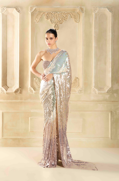 Silver Shaded Sequin Georgette Saree Set