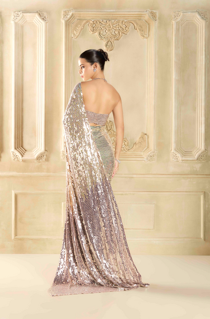Silver Shaded Sequin Georgette Saree Set