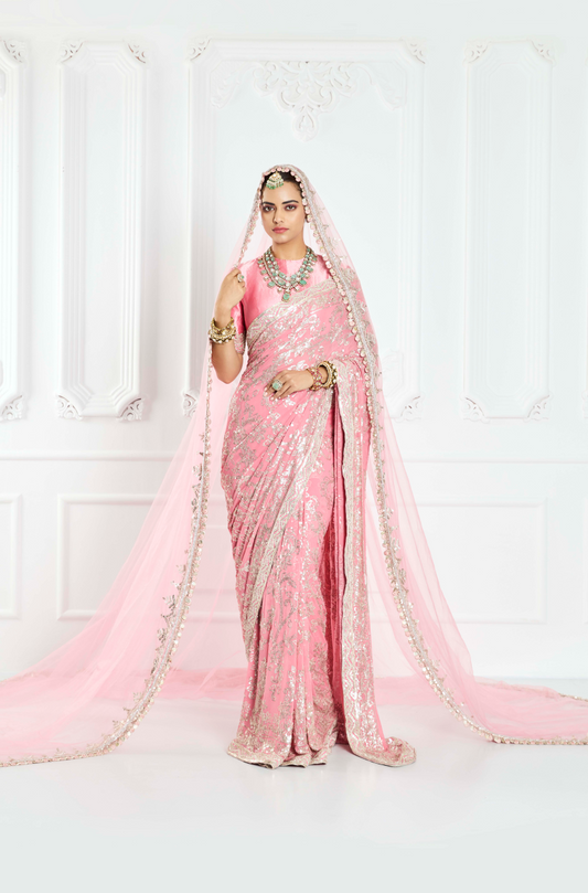 Flamingo Pink Embroidered Saree Set