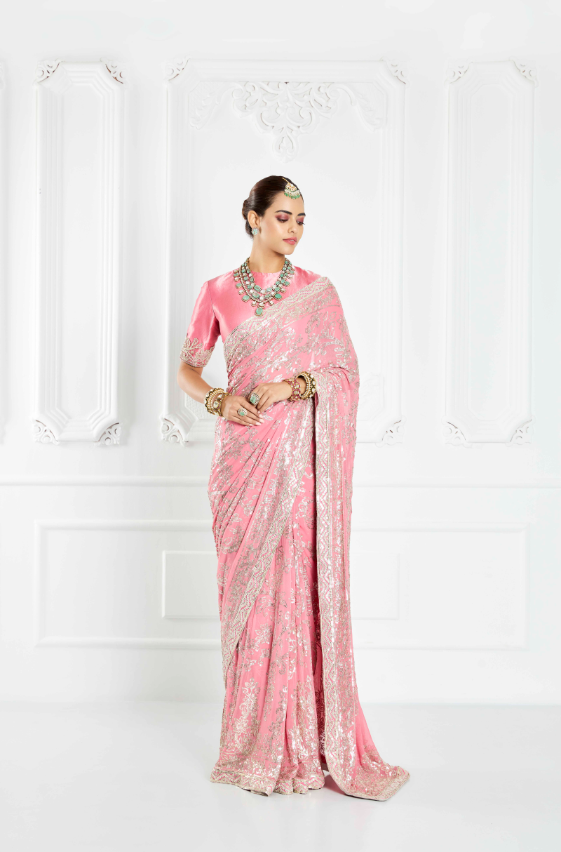 Flamingo Pink Embroidered Saree Set