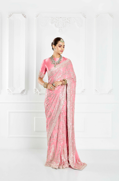 Flamingo Pink Embroidered Saree Set
