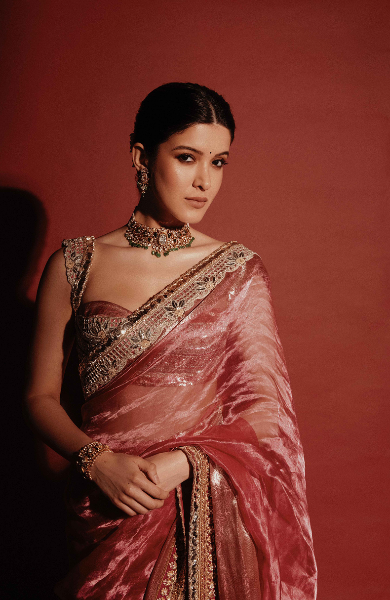 Shanaya Kapoor in our Pink Tissue Saree Set