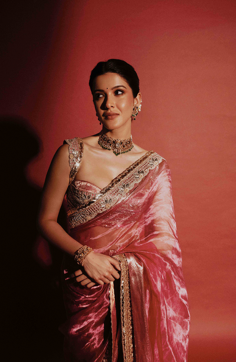Shanaya Kapoor in our Pink Tissue Saree Set
