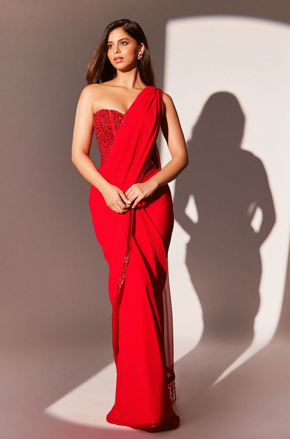 Suhana Khan in our Red Chiffon Stitched Saree Set