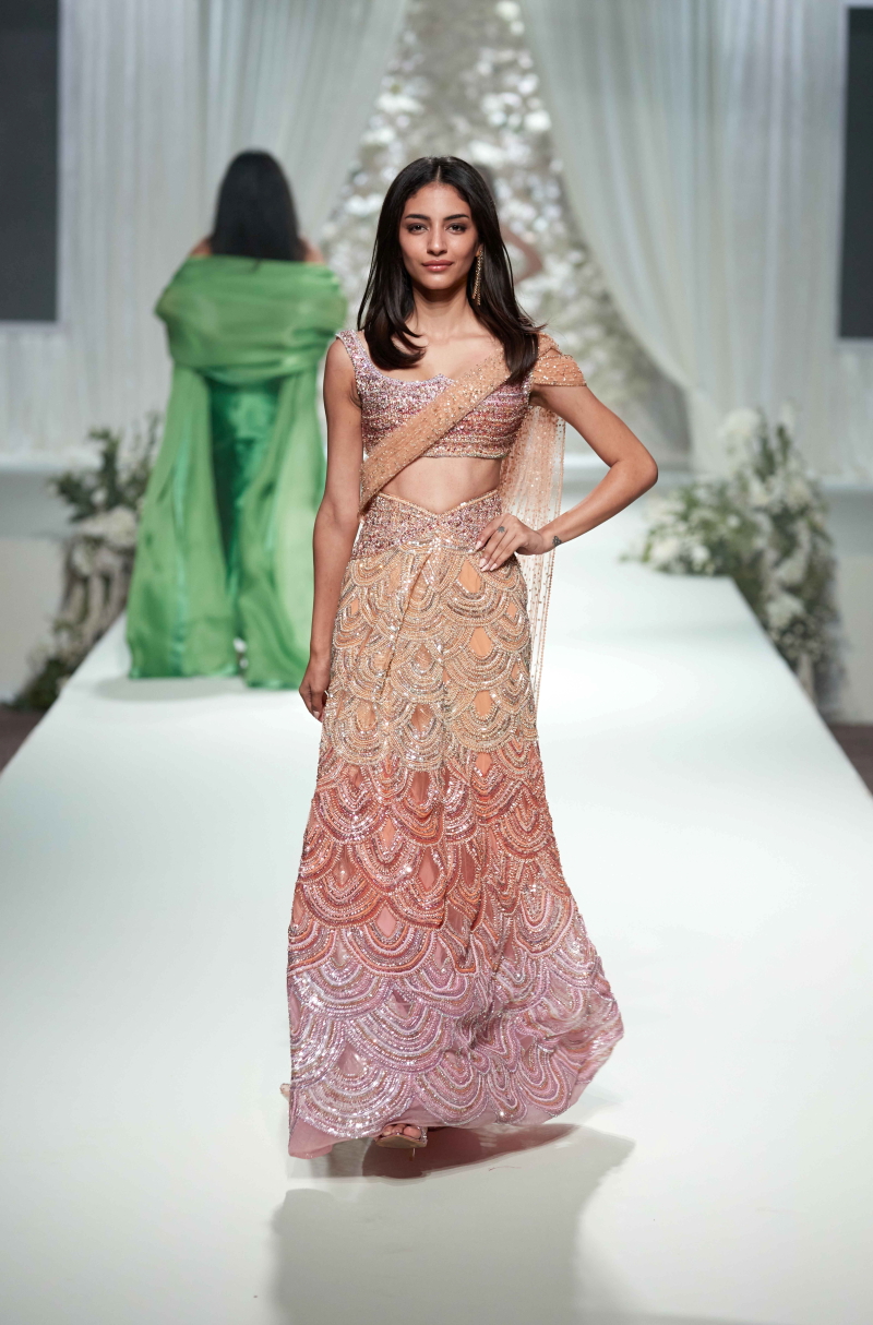 Peach-Orange-Pink Tulle Sequin Lehenga Saree Set