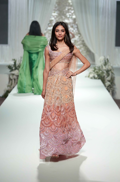 Peach-Orange-Pink Tulle Sequin Lehenga Saree Set