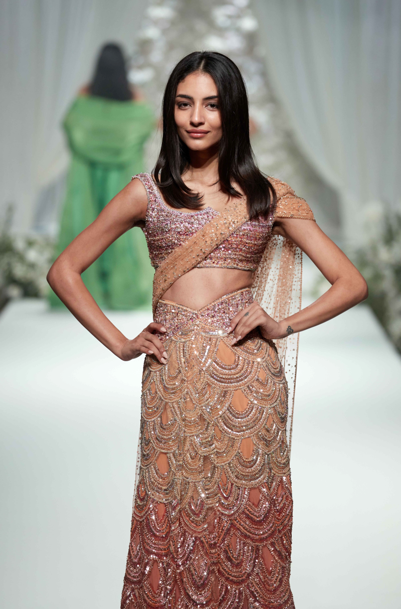 Peach-Orange-Pink Tulle Sequin Lehenga Saree Set