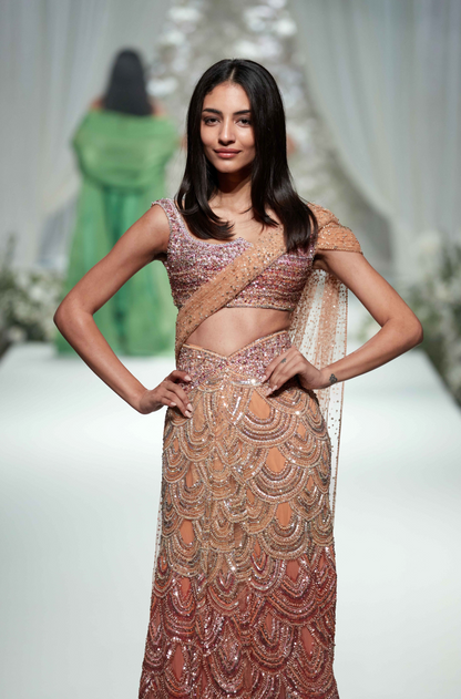 Peach-Orange-Pink Tulle Sequin Lehenga Saree Set