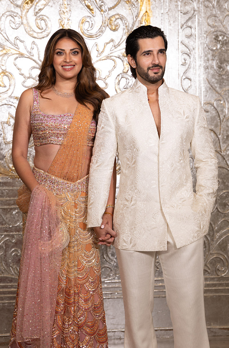 Anushka Ranjan in our Peach-Orange-Pink Net Sequin Lehenga Saree Set