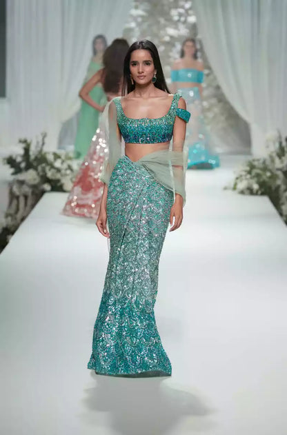 Teal Ombre Scallop Embroidered Lehenga Saree Set
