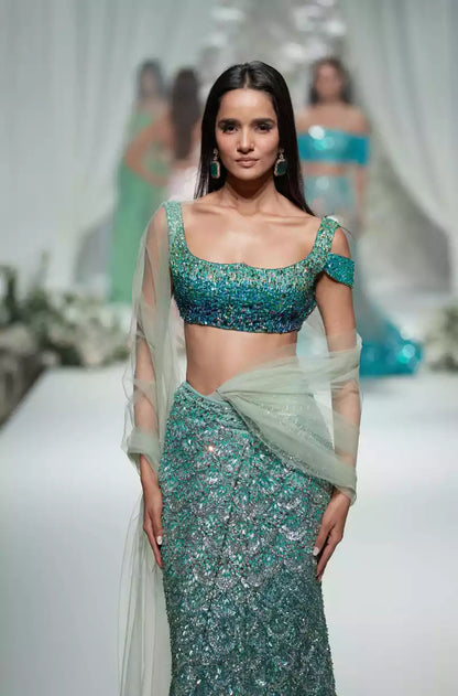Teal Ombre Scallop Embroidered Lehenga Saree Set