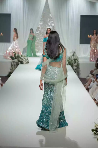 Teal Ombre Scallop Embroidered Lehenga Saree Set