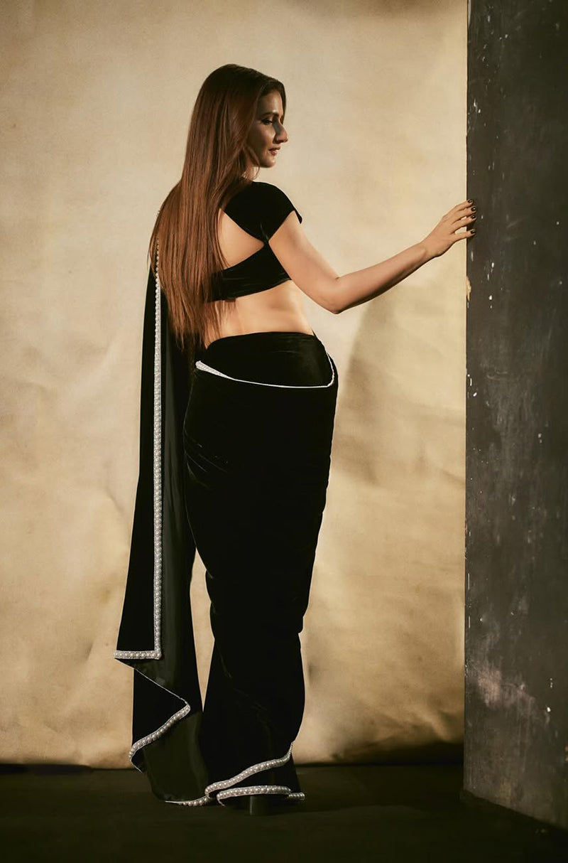 Fatima Sana Shaikh in our Black Velvet Stitched Saree Set