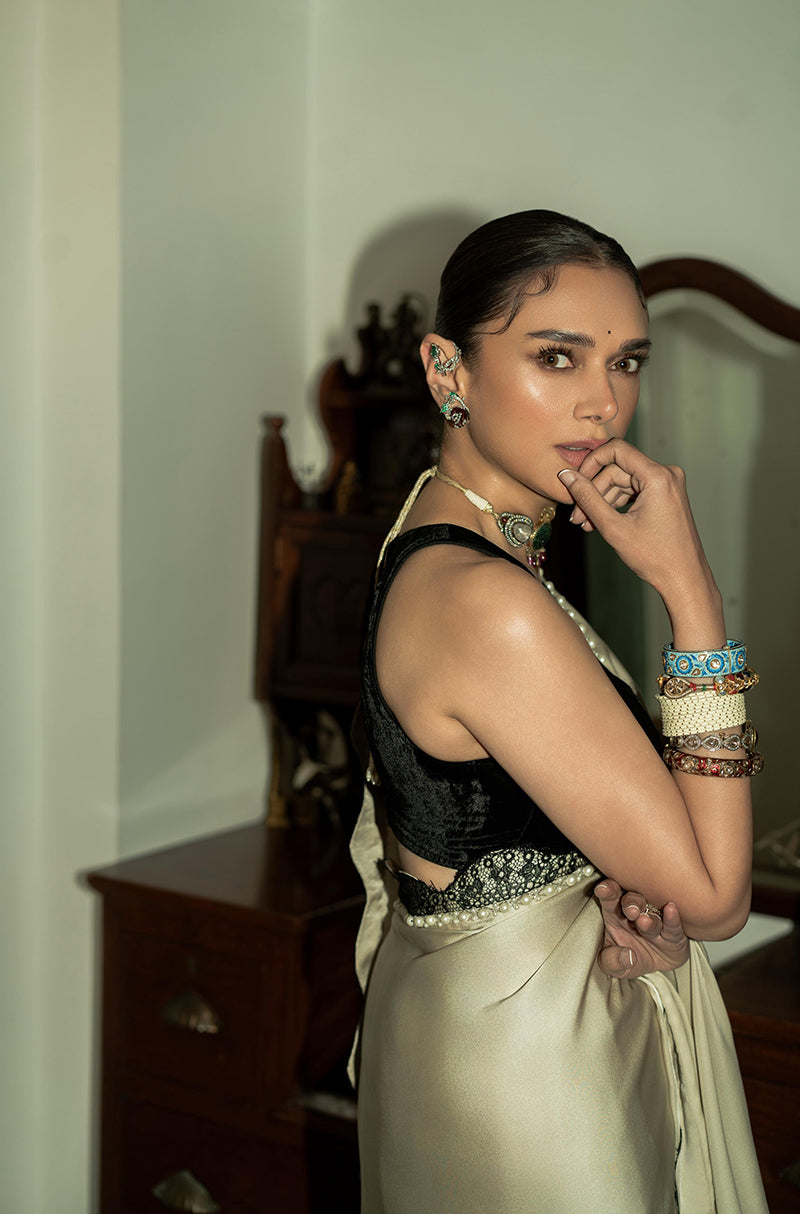 Aditi Rao Hydari in our Champagne with Scallop Border Saree Set