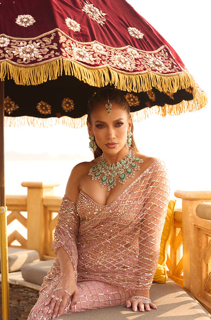 Jennifer Lopez in our Soft Blush-Rose Hue Cut-Work Embroidered Saree Set