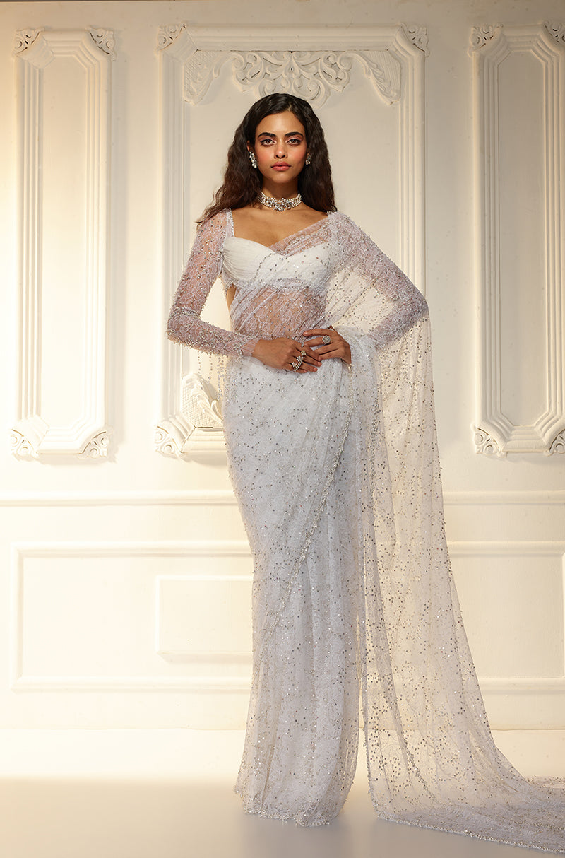 White Lace Saree Set