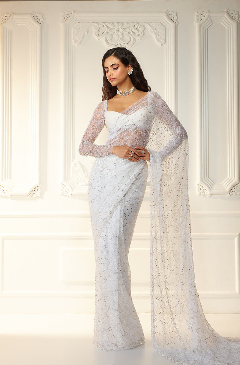 White Lace Saree Set