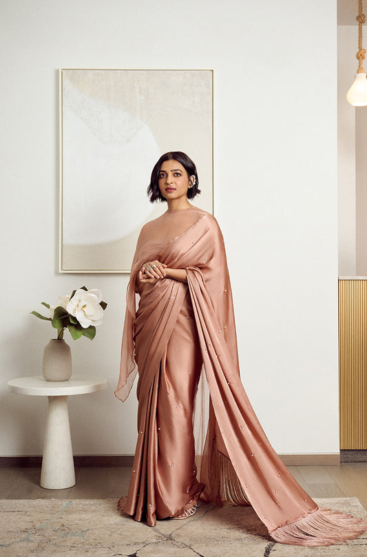 Radhika Apte in our Fawn Satin Embellished Saree Set