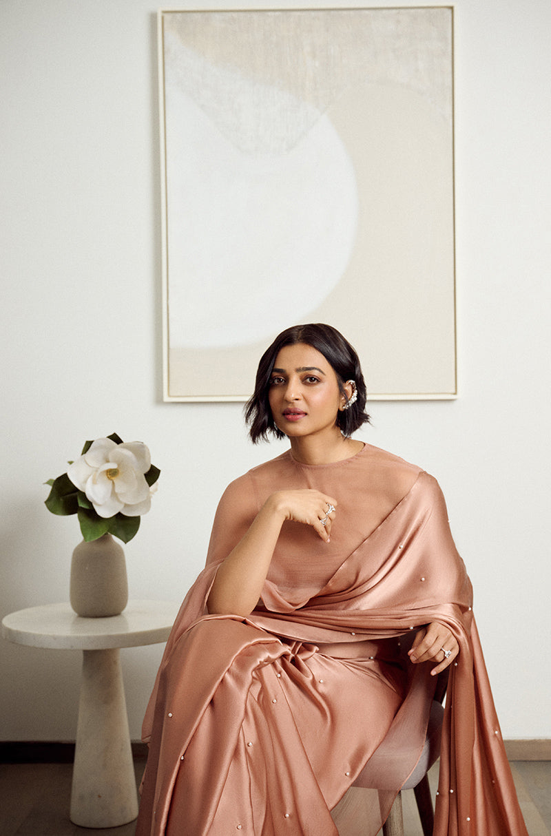 Radhika Apte in our Fawn Satin Embellished Saree Set