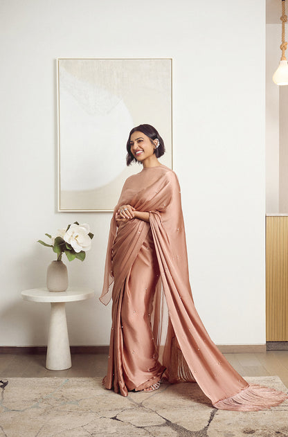 Radhika Apte in our Fawn Satin Embellished Saree Set