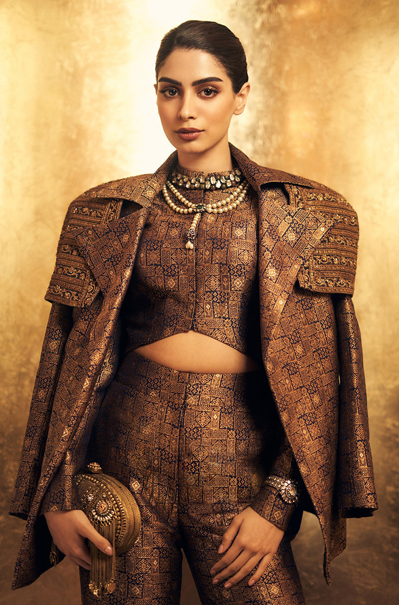 Khushi Kapoor in our Brown Brocade Jacket Set