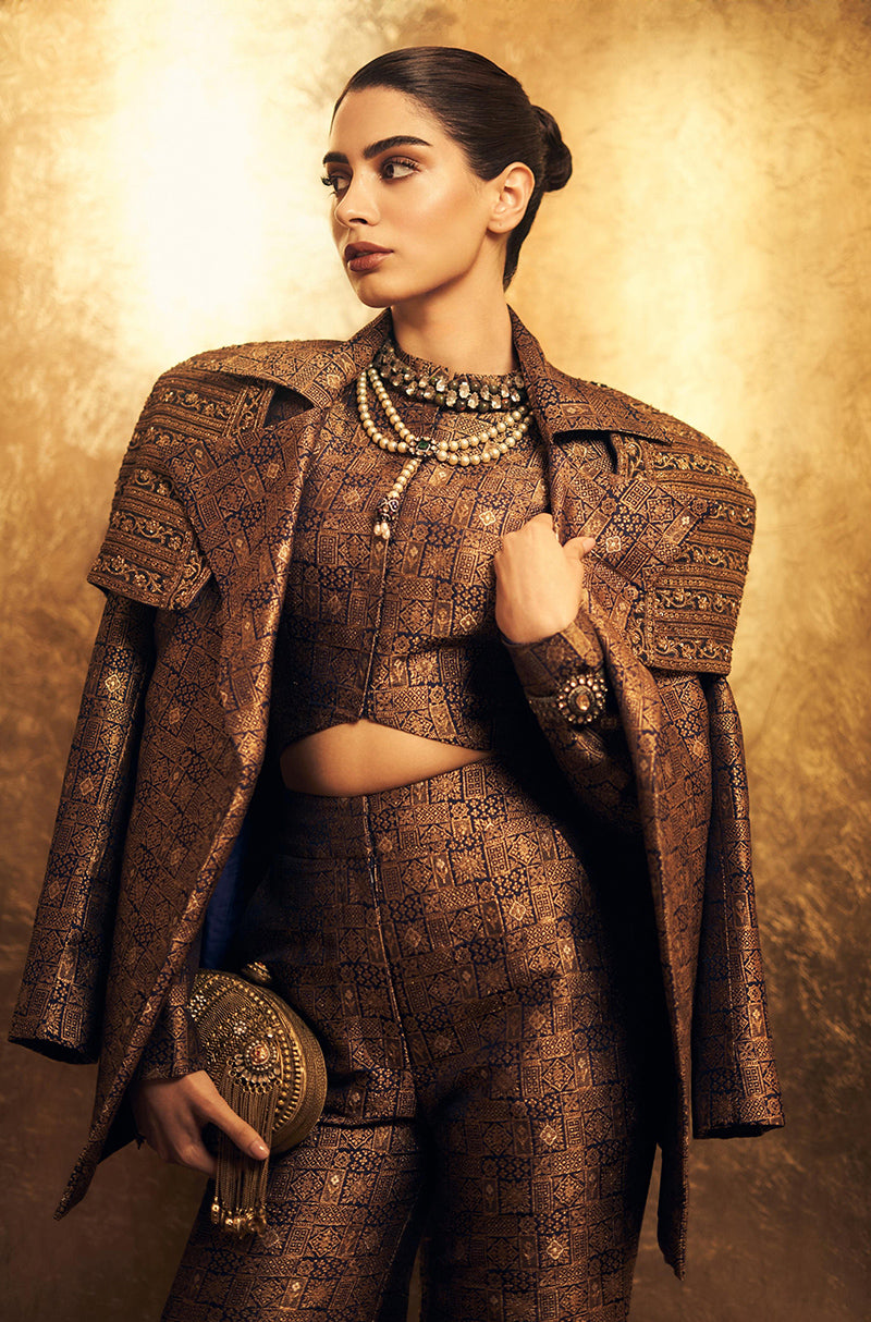 Khushi Kapoor in our Brown Brocade Jacket Set