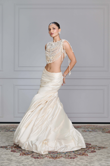 Ivory Silk Draped Swirl Skirt Set