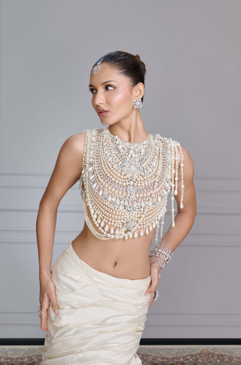 Ivory Silk Draped Swirl Skirt Set