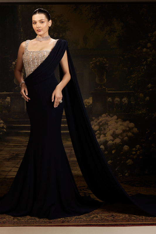 Deep Navy Draped Gown