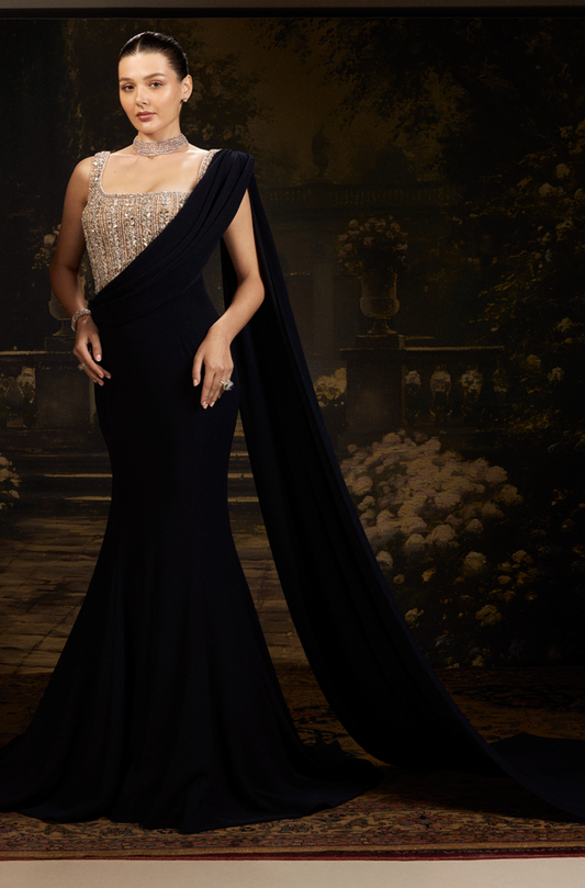 Deep Navy Draped Gown