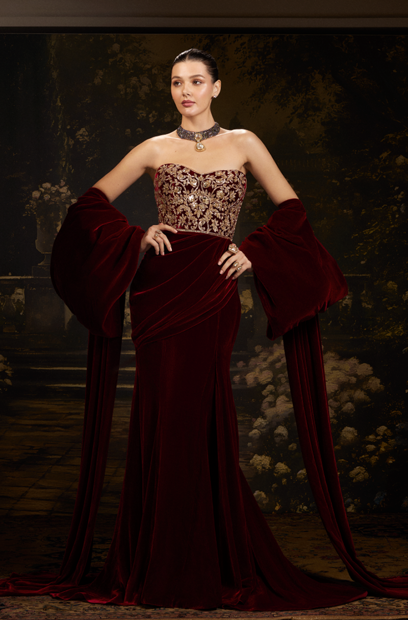 Bordeaux Velvet Draped-Style Gown