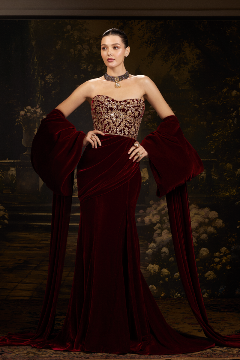 Bordeaux Velvet Draped-Style Gown