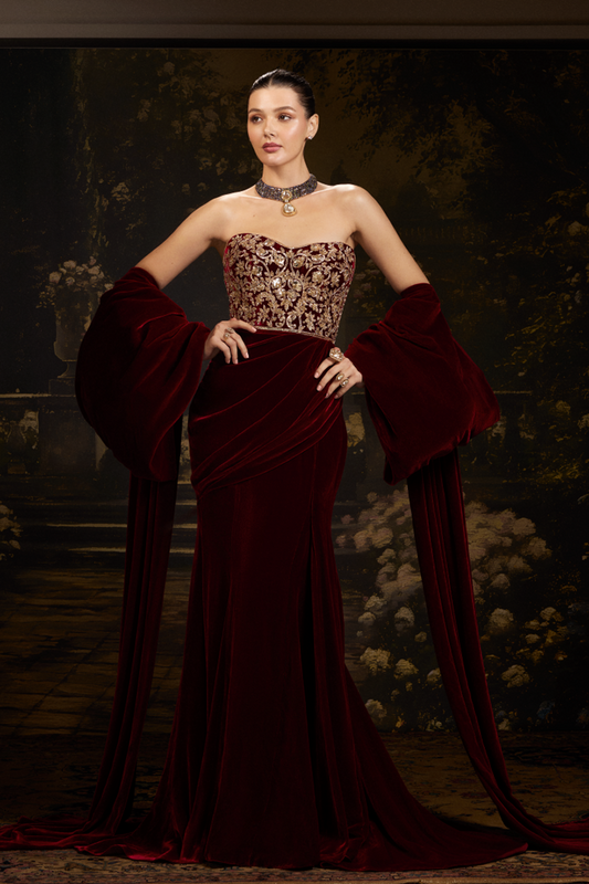 Bordeaux Velvet Draped-Style Gown