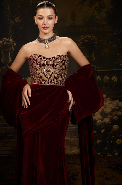 Bordeaux Velvet Draped-Style Gown