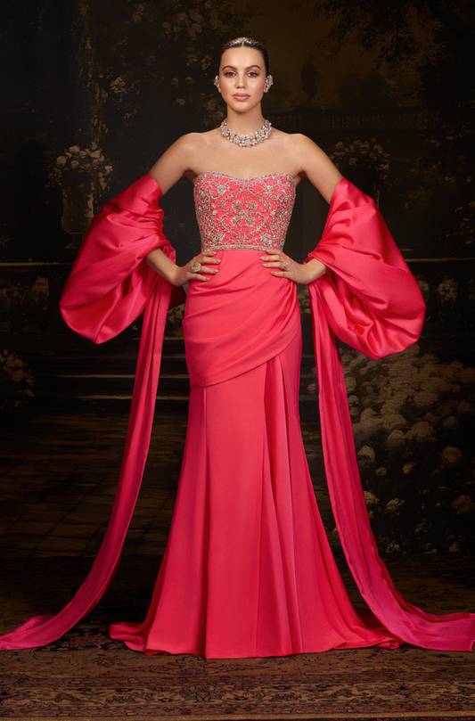 Fuchsia Pink Crepe Draped Gown