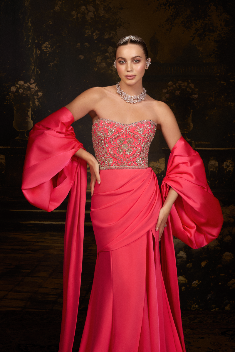 Fuchsia Pink Crepe Draped Gown