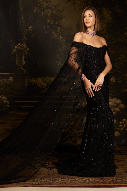 Black Tulle with Sparkling Black Sequins Gown