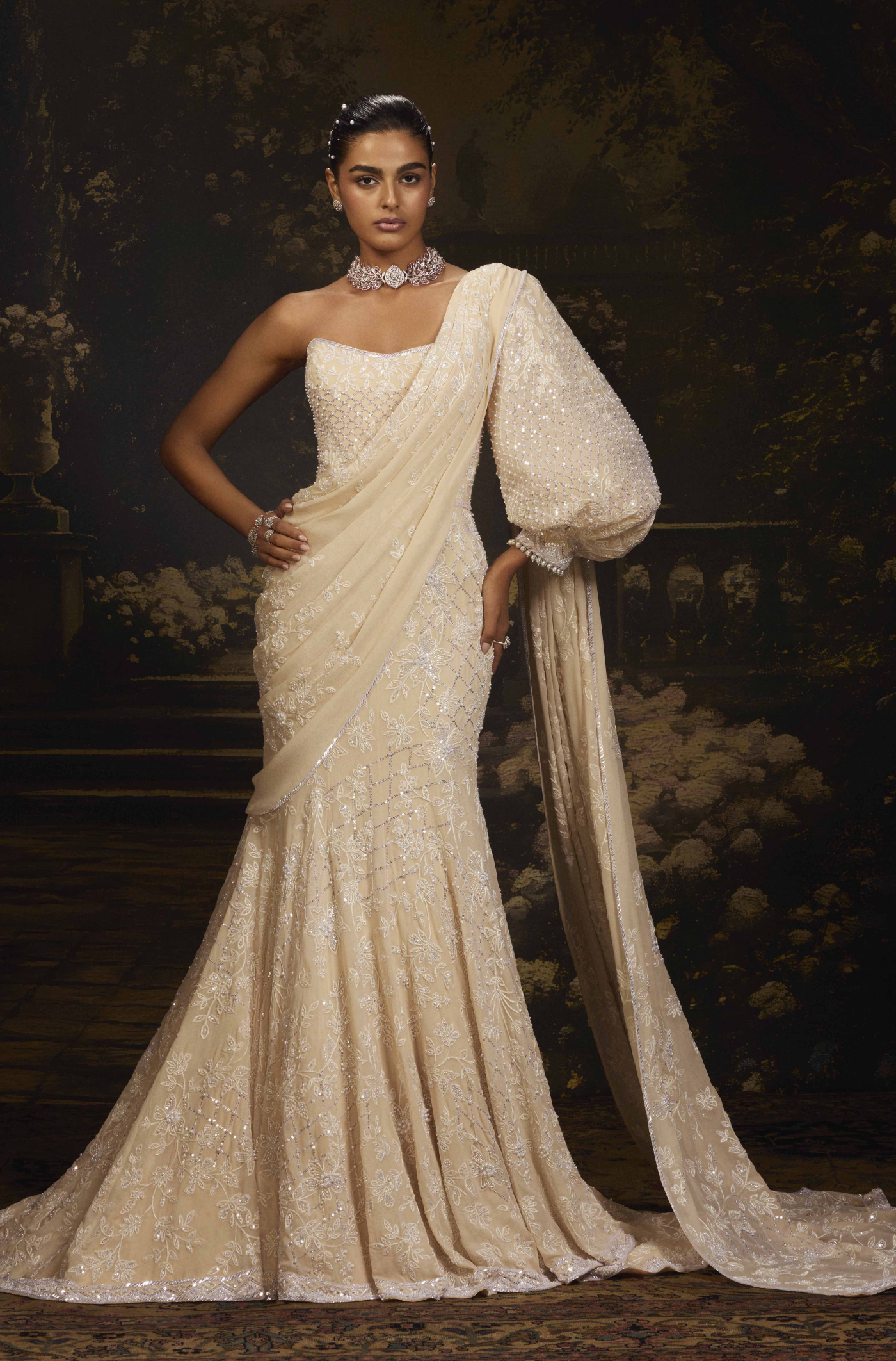 Almond Georgette one-shoulder Gown Saree