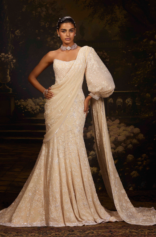 Almond Georgette one-shoulder Gown Saree