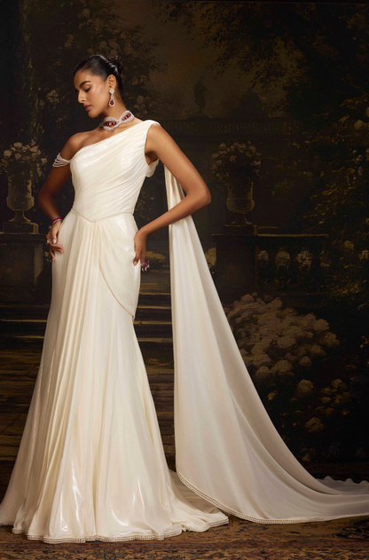 Pearl Glazed Lame Draped Saree Gown
