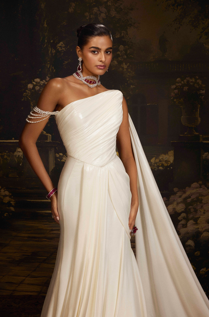 Pearl Glazed Lame Draped Saree Gown