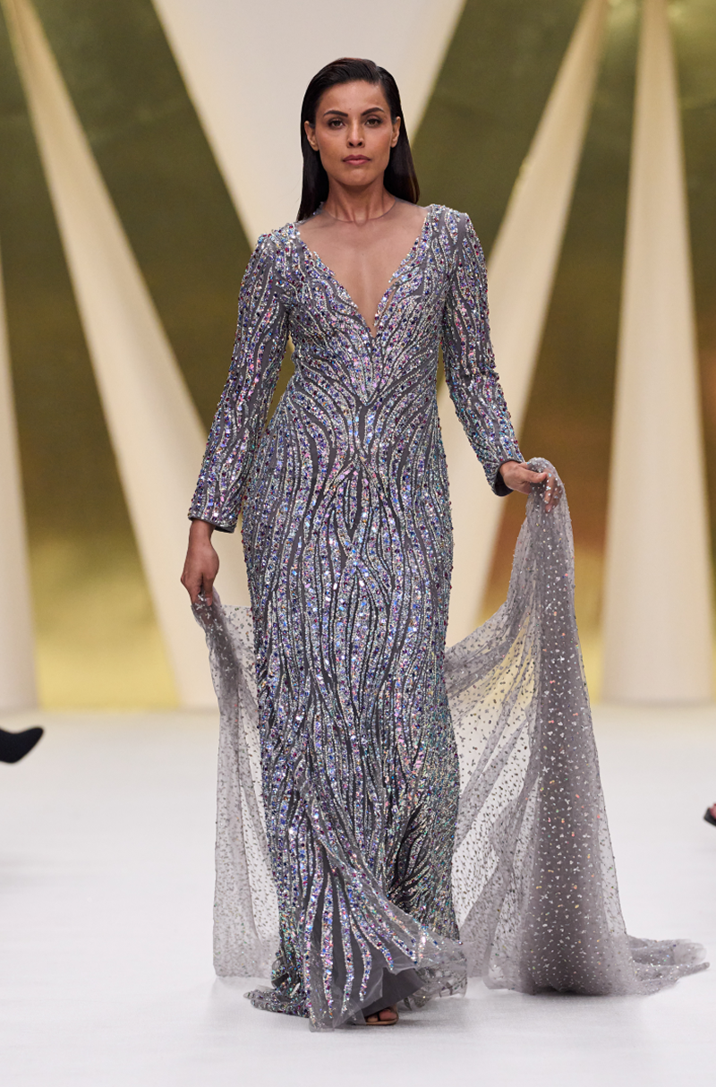 Dark Grey Multi Stone & Sequin Embroidered Gown